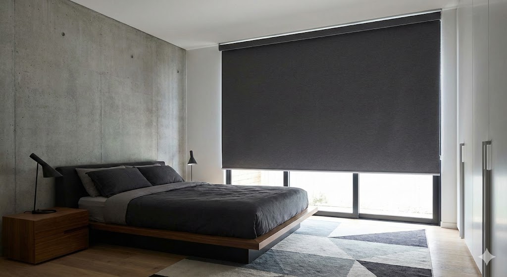 Blackout roller blind in a modern bedroom