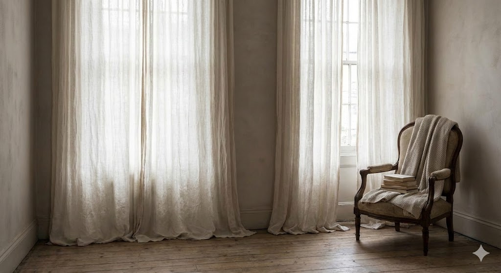 Natural daylight through elegant linen curtains in a British home