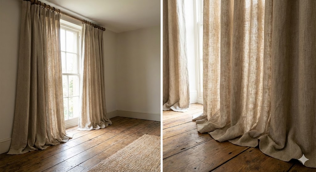 Full length curtains pooling lightly on a timber floor