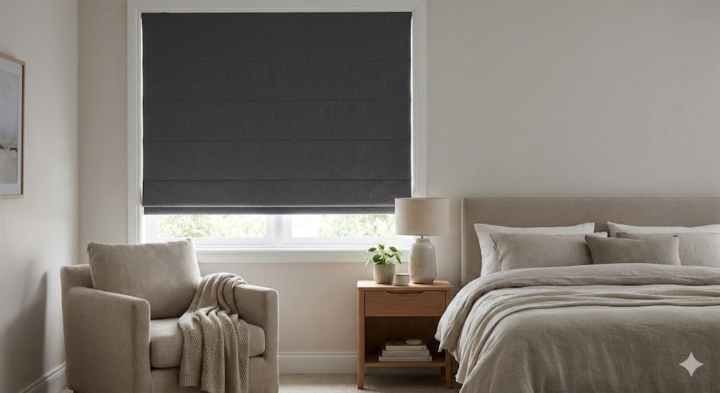Blackout roman blind in a calm bedroom