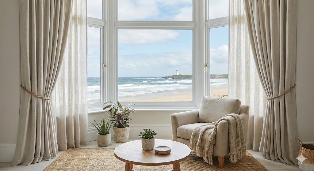 Curtains framing a living room window with coastal view