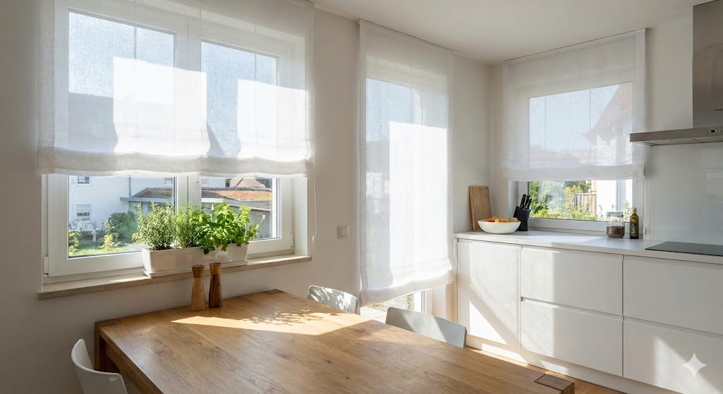 Roller blinds in a bright kitchen