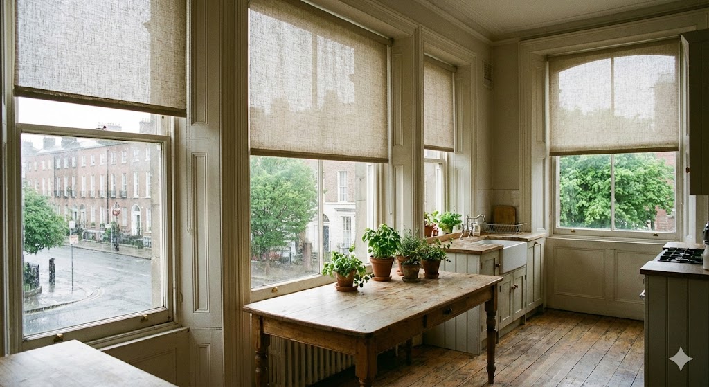 Roller blinds in a bright kitchen