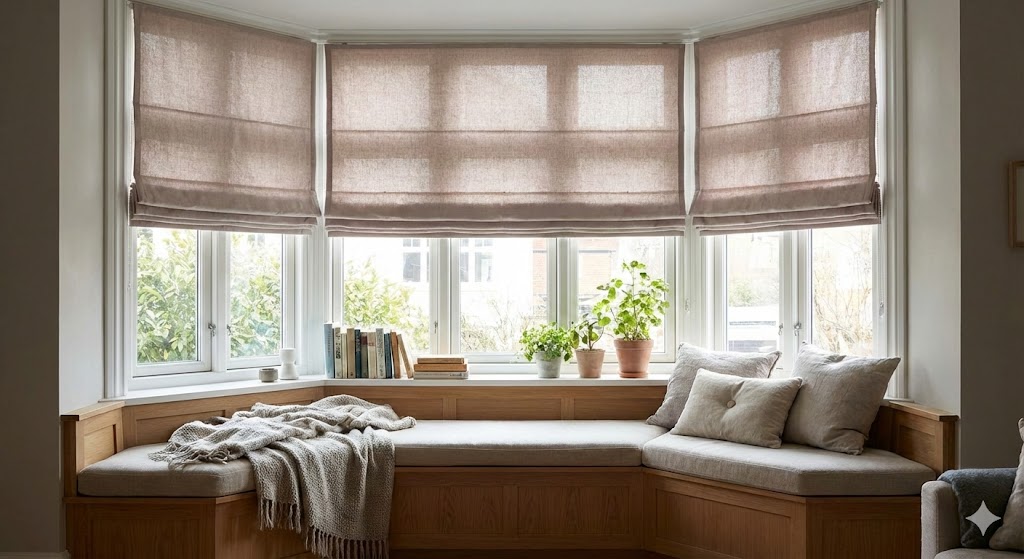 Roman blinds above a window seat