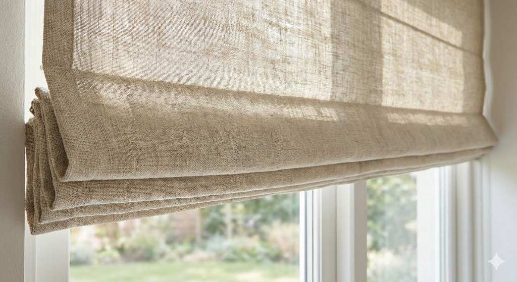 Roman blind in textured neutral fabric