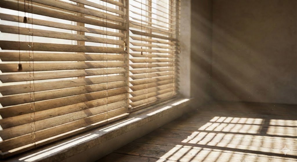 Venetian blinds with angled slats controlling daylight